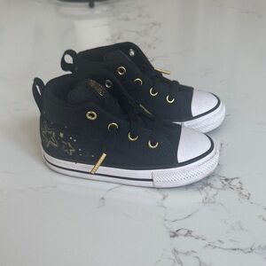 Converse Kids Black Canvas Sneakers with White Toecap and Gold Accents